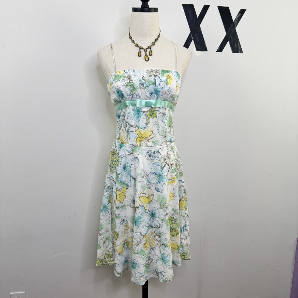 Vintage Y2K White Aqua Floral Mini Party Dress Layered Bow Pinup Fitted 7/8